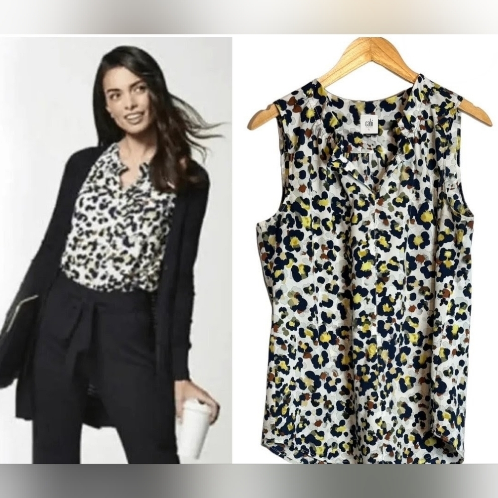 CAbi Chic Women's Sleeveless Blouse - Black, Blue, Yellow Print - Cheetah PTP 19